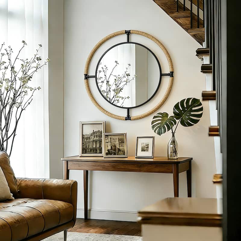 Coastal Rope & Iron Round Wall Mirror Hanging Decor for Living Room - 32"X32"