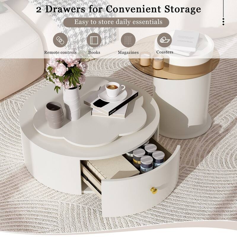 Modern Round Coffee Table Set of 2 with Rotatable Floral Top and Two Functional Drawers for Living Room