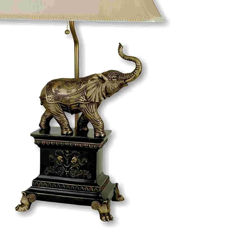 Tall Polyresin Elephant Table Lamp w/ Antique Gold finish, White Shade