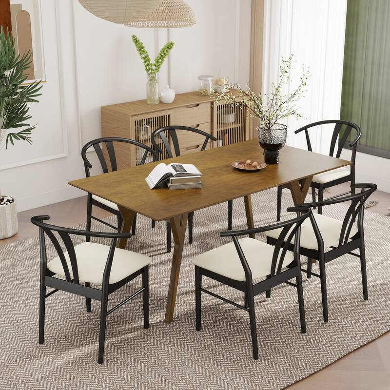 Roundhill Furniture Lavin Modern 7-Piece Dining Set, Walnut Finished Dining Table with 6 Curved Back Chairs