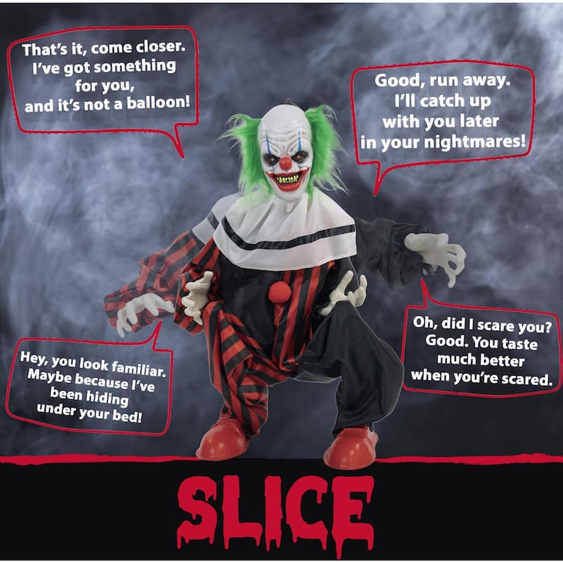 Life-Size Animatronic Crouching Clown with Lights and Sound, Indoor or Covered Outdoor Halloween Decoration
