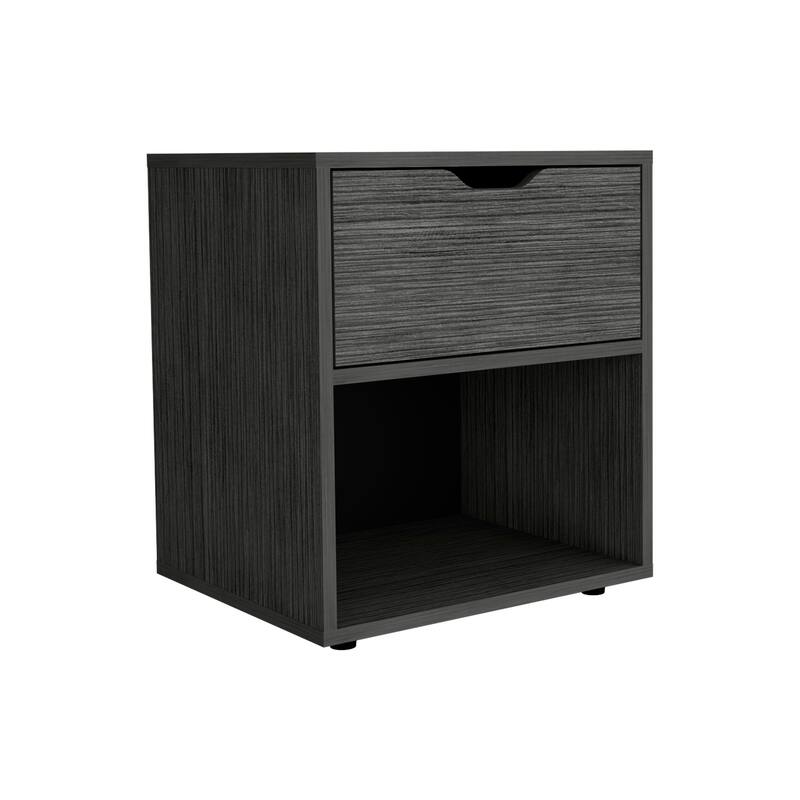 Compact Light Gray Nightstand with Drawer and Open Shelf