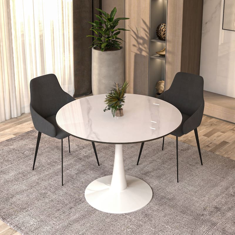 Bristol Series 40" Round Dining Table for 4 with Sintered Stone Tabletop and White Base for Kitchen and Dining Room