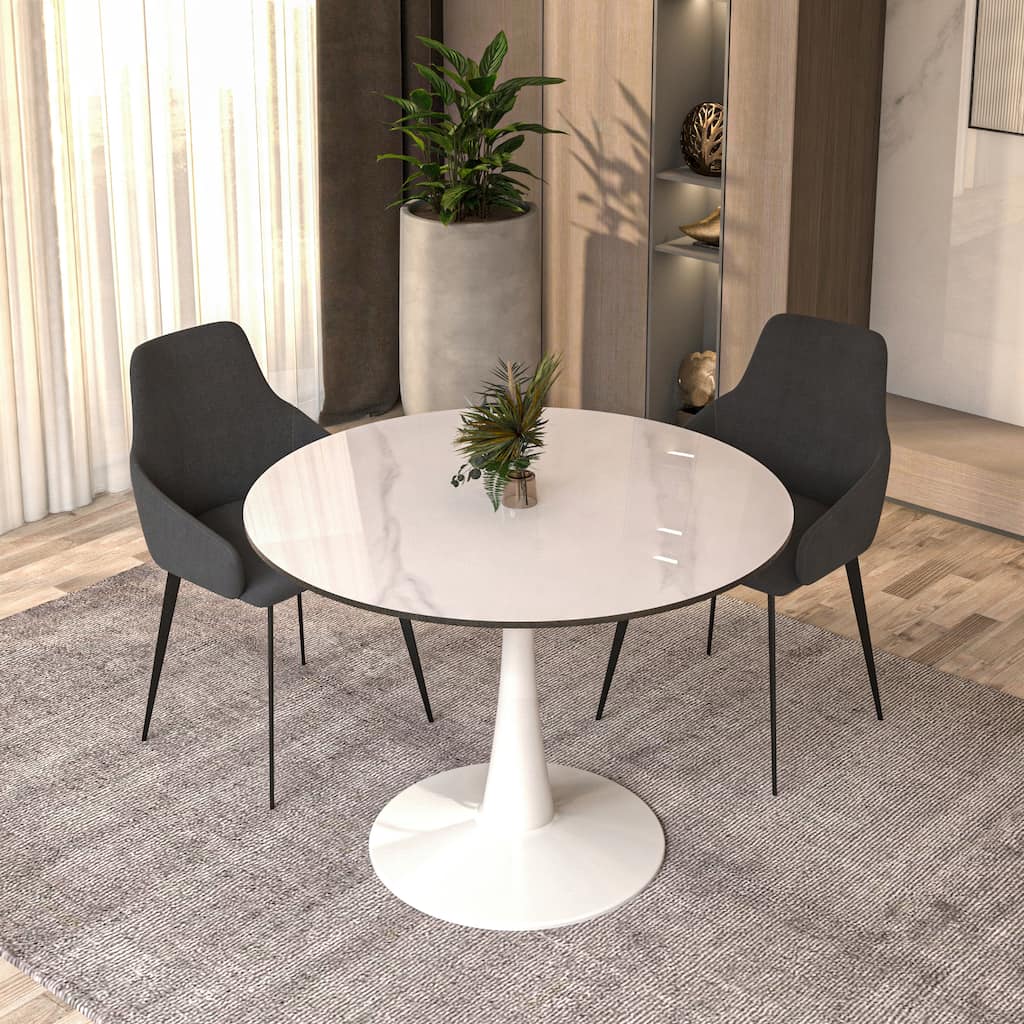 Bristol Series 40" Round Dining Table for 4 with Sintered Stone Tabletop and White Base for Kitchen and Dining Room