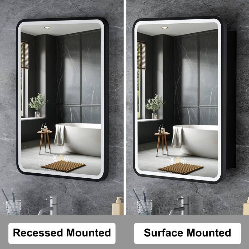 Aris Recessed/Surface Mount Bathroom Medicine Cabinet with Mirror and Lights, Dimmable, Adjustable Shelves, Fast Defogging