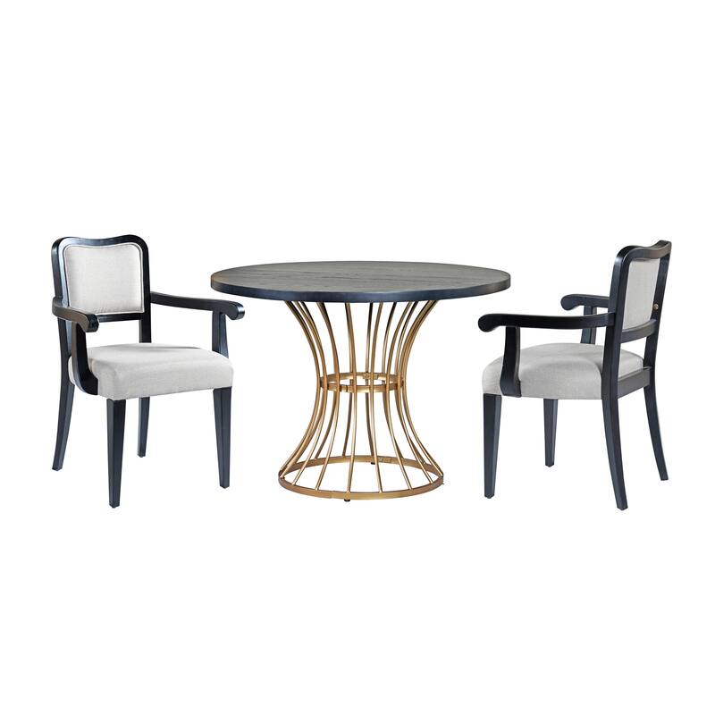 42" Round Dining Set -Solid Wood-Look Veneer Table +2 Upholstered Armchairs,Heavy-Duty Iron Pedestal Base,Space-Saving,3-Piece