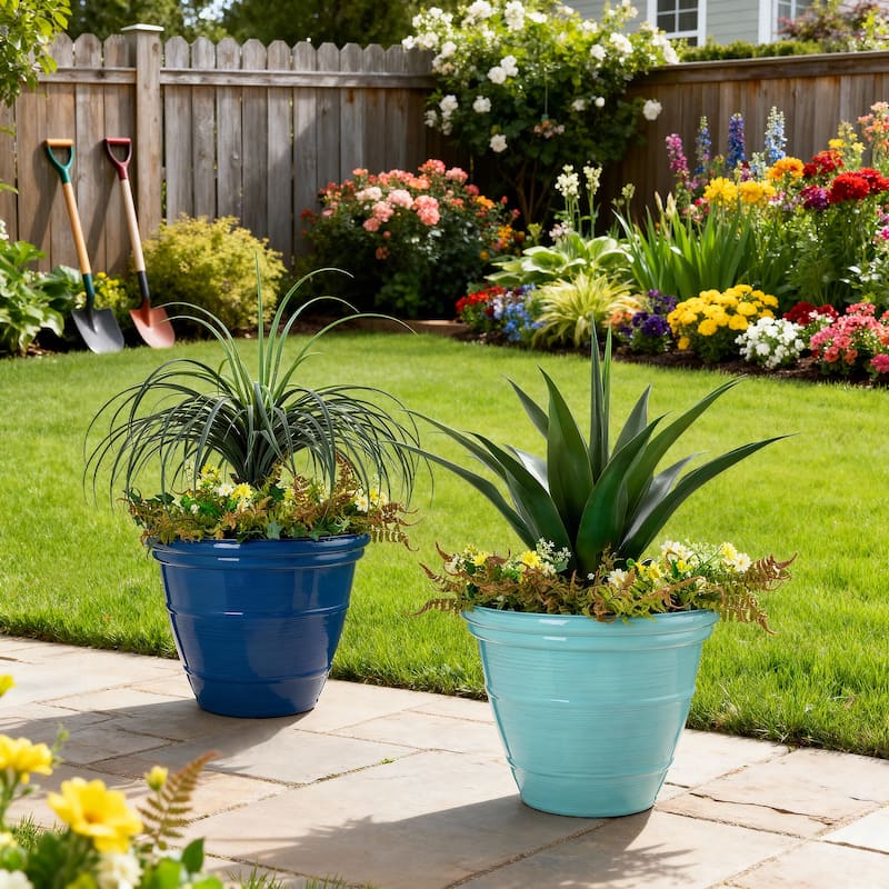 Glitzhome Set of 2 Round Cobalt Blue/Turquoise/Red Faux Ceramic Pot Plastic Planter