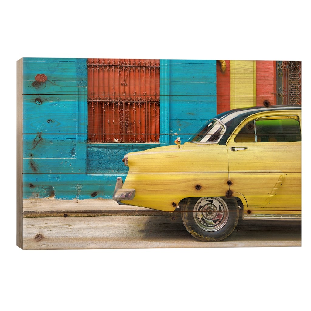 Close-up of Yellow Taxi of Havana II Print On Wood by Philippe Hugonnard - Multi-Color