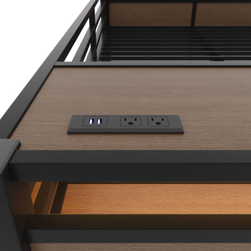 Full/Twin Metal Bunk Bed with Storage Shelves & USB Ports