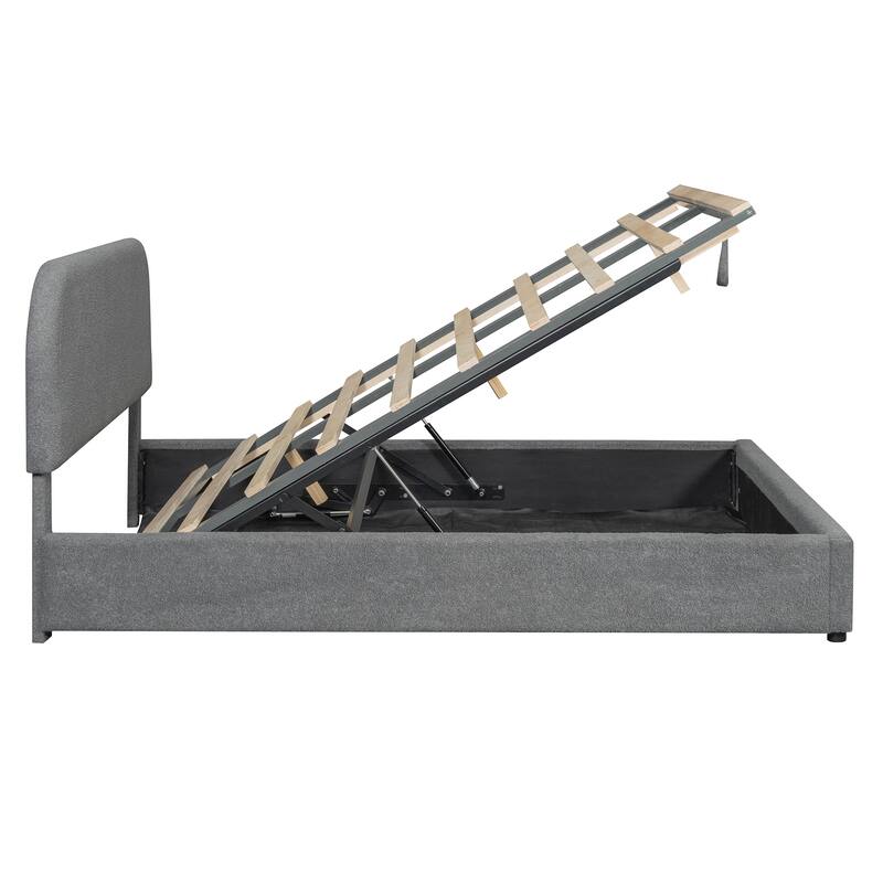 Queen Size Gray Teddy Fleece Upholstered Platform Bed with Hydraulic Storage System Durable MDF Frame