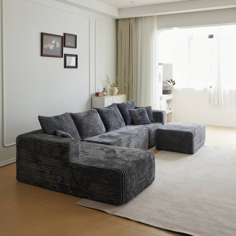 Corduroy Modular Sectional Sofa with Ottoman, U Shaped Upholstered Couch