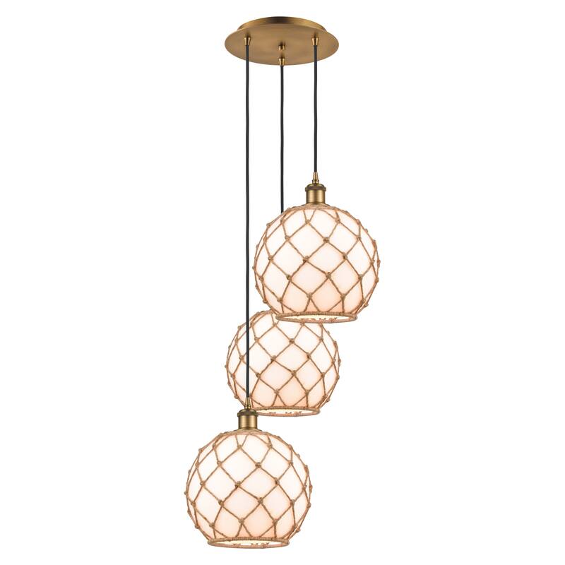 Innovations Lighting Endless Possibilities Ballston - Farmhouse Rope - 3 Light 17" Cord Hung Multi Pendant - White Glass with Brown Rope/Brushed Brass