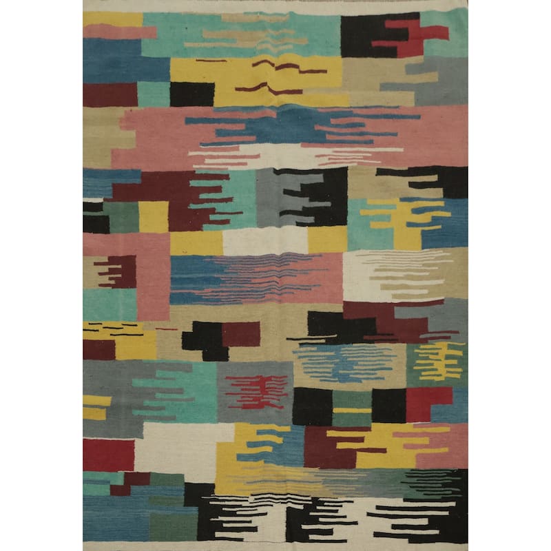 Hand Woven Oriental 100% Wool Carpet Southwestern Modern Multi-Colored Kilim Area Rug - 6' 7'' X 5' 3''