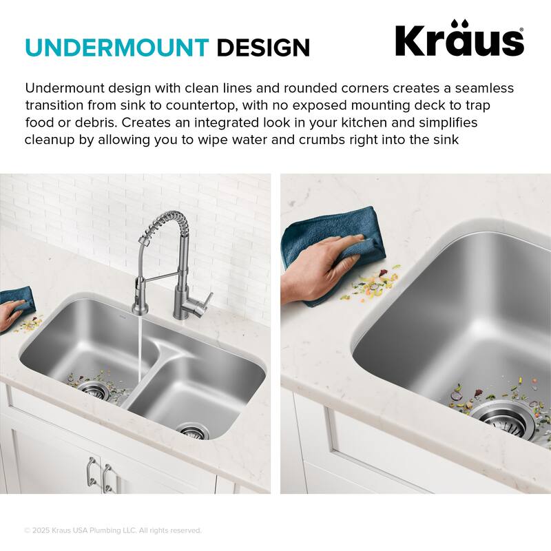 Kraus KBU24-100-75MB Premier 32” Undermount 60/40 Double Bowl 18-Gauge - Stainless Steel