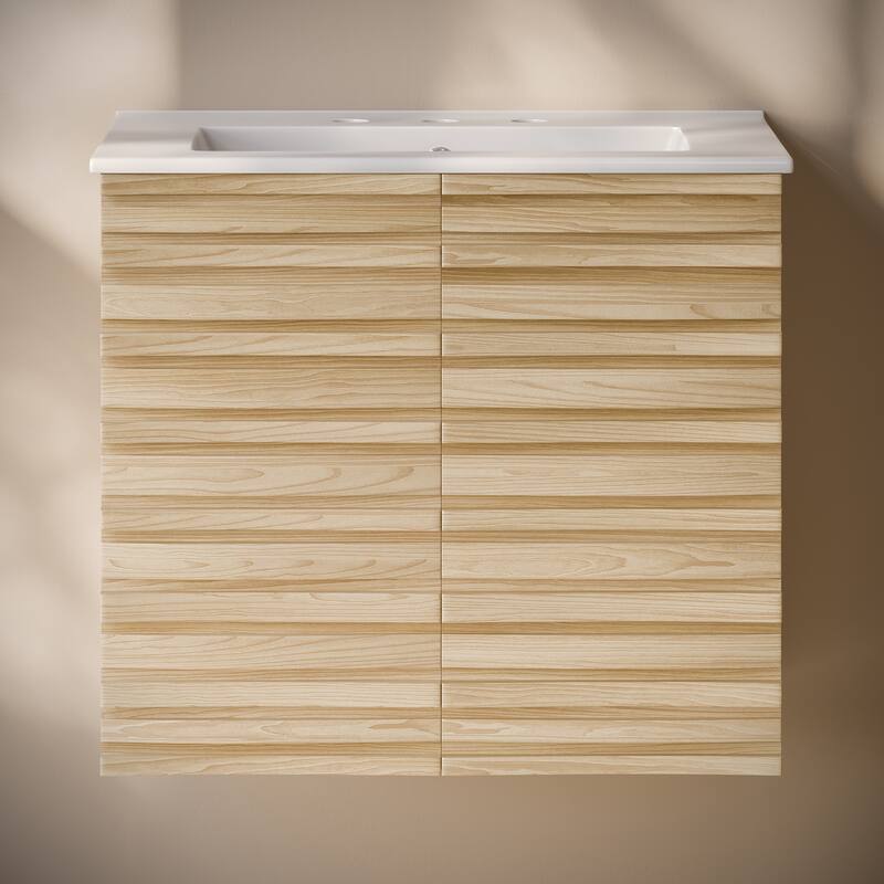 Cascade 24" Wall-Mounted Bathroom Vanity In Natural Oak With 3-Hole Widespread Sink Top - 24