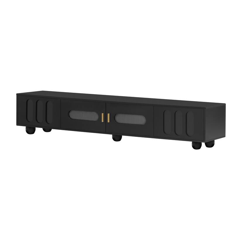 Roomfitters Modern TV Stand for up to 80 Inch TV, Storage Cabinet with Glass Door, Wood Legs and Metal Handles, Black