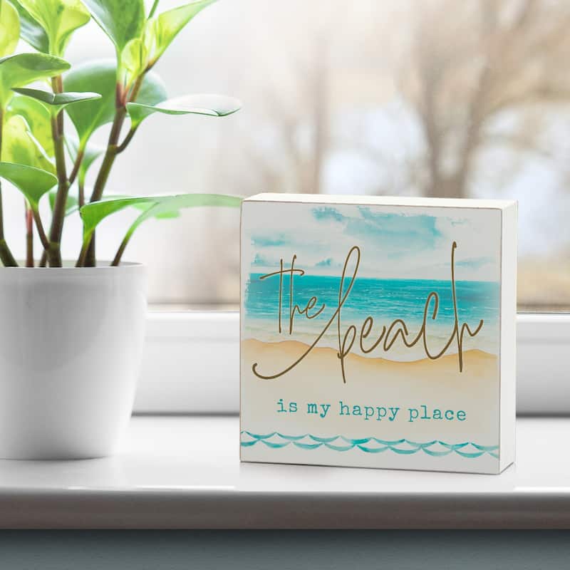 Wood Block Décor Message Beach My Happy Place Sign, 3.75 inches Square ...