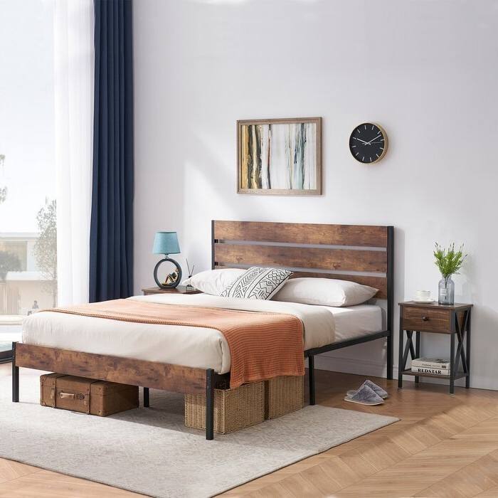 Modern Industrial Platform Bed Frame with Black Oak Headboard