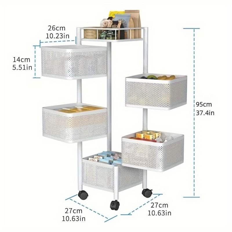 5-Tier Rotating Storage Shelf, Square Metal Kitchen Cart with Wheels