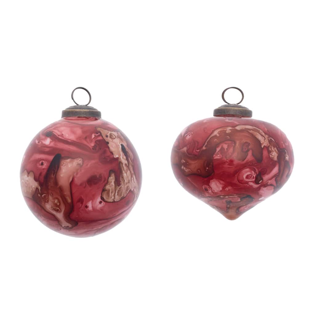 Set of 6 Marble Glass Christmas Ornaments Red and Burgundy - 4.5" x 4.5" x 4"