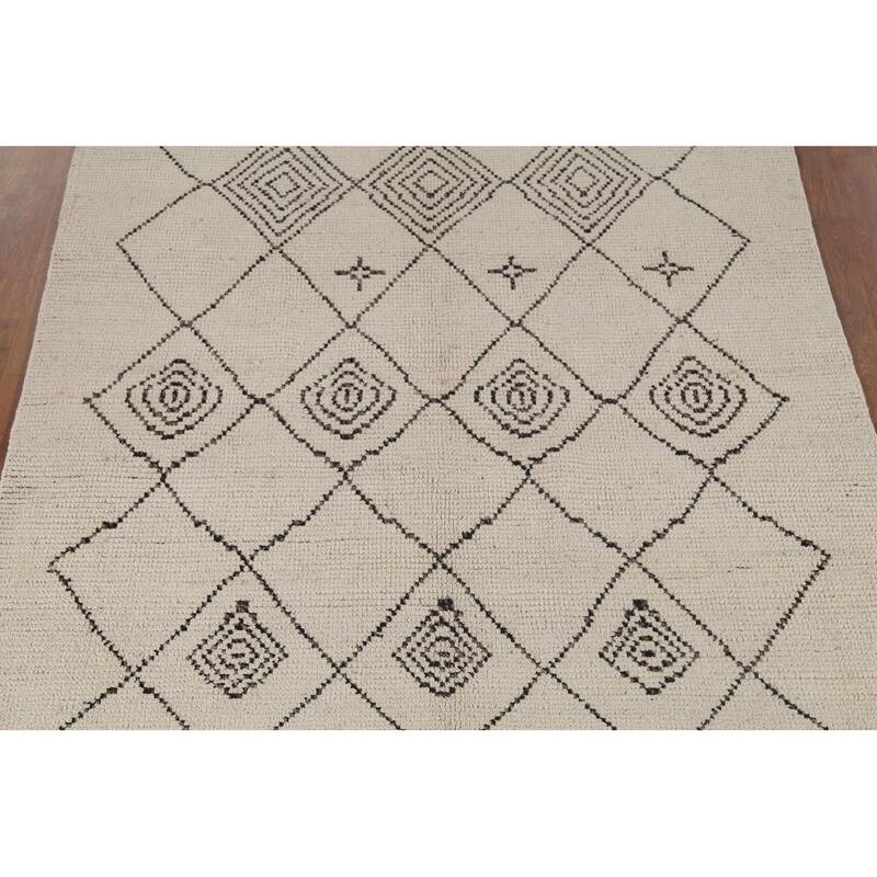 Trellis Moroccan Area Rug Hand-Knotted Geometric Beige Wool Carpet - 5'1"x 8'8"
