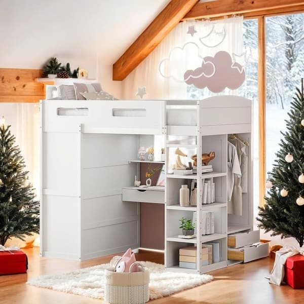 slide 2 of 20, Multi-Functional Design Twin Size Loft Bed with Built-In Desk, Wardrobes, Left-Side Storage, 4 Drawers and 4 Shelves, White White