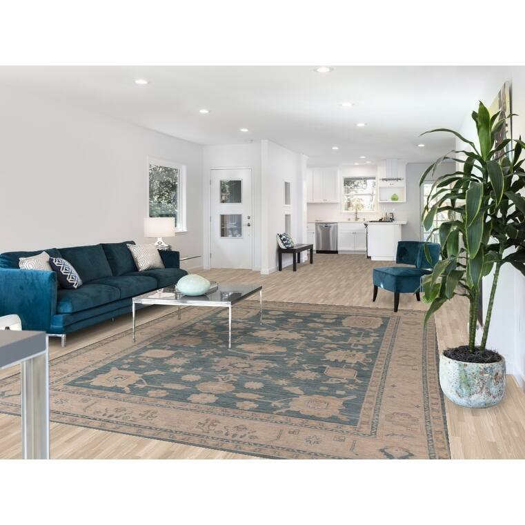 Teal Blue Vegetable Dye Oushak Turkish Rug Hand-Knotted Wool Carpet - 7'10" x 10'6"