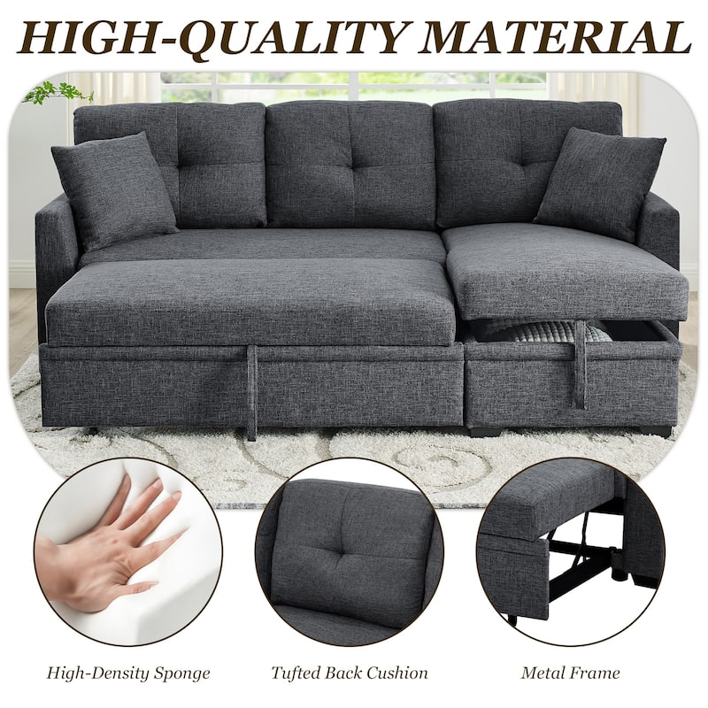 Polyester Upholstered L-Shaped Tufted Storage Modular Sleeper Sectional Sofa with 2 Pillows