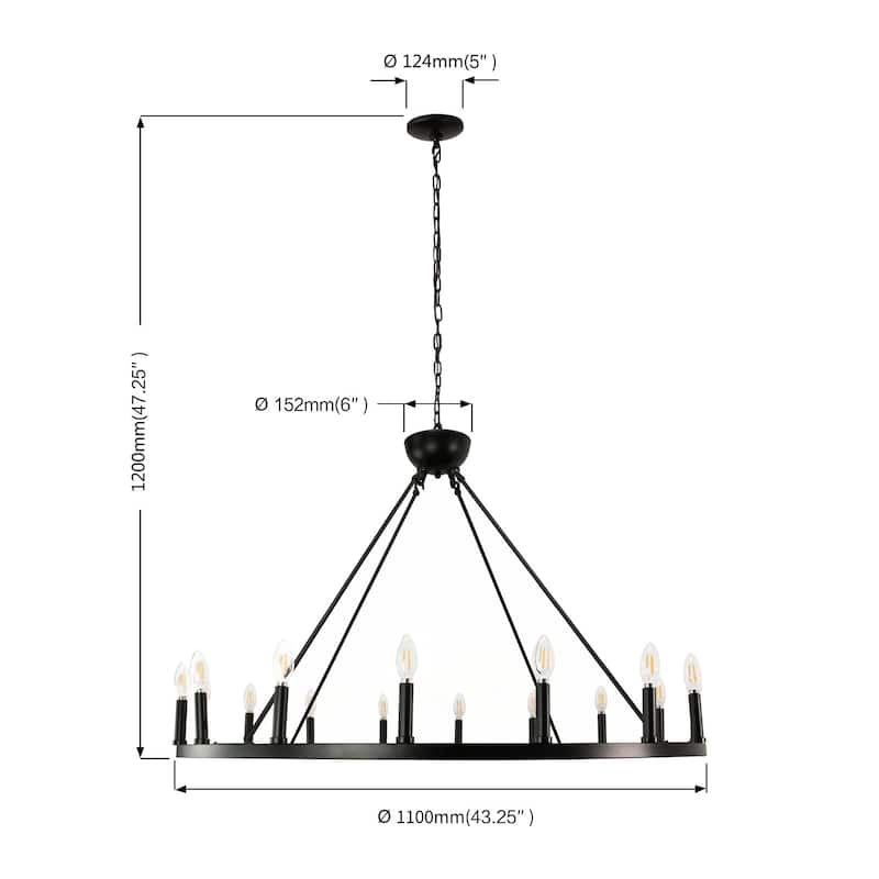 12 Light Chandelier Wagon Wheel (37” Wide) Matte Black Steel Frame