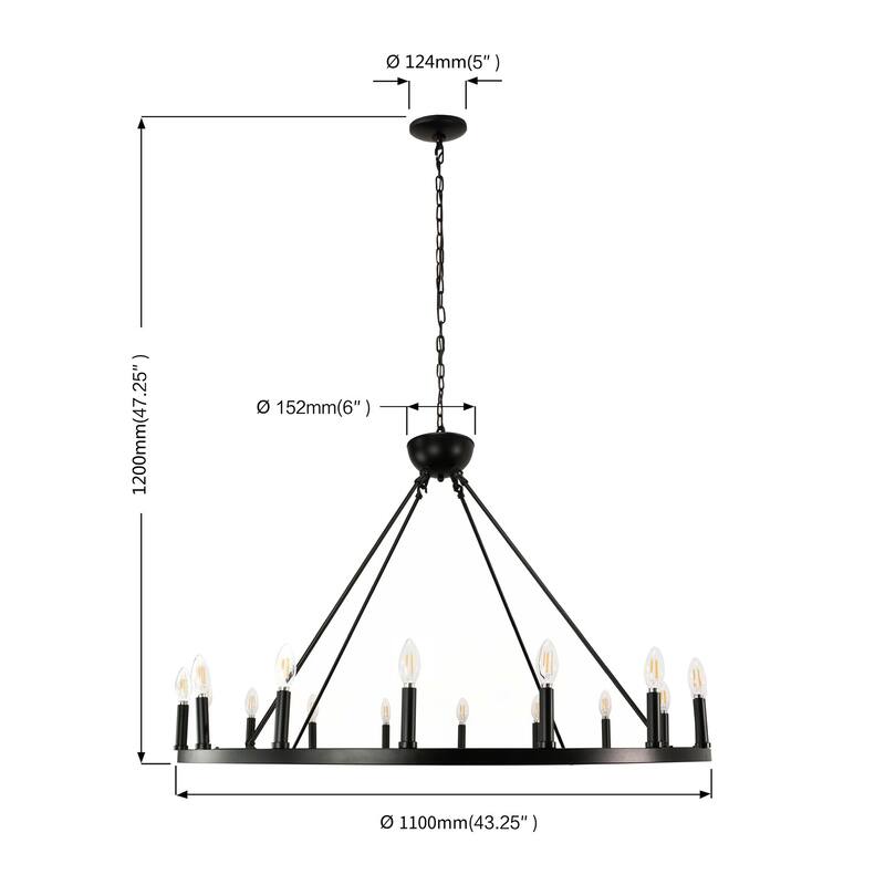 12 Light Chandelier Wagon Wheel (37” Wide) Matte Black Steel Frame