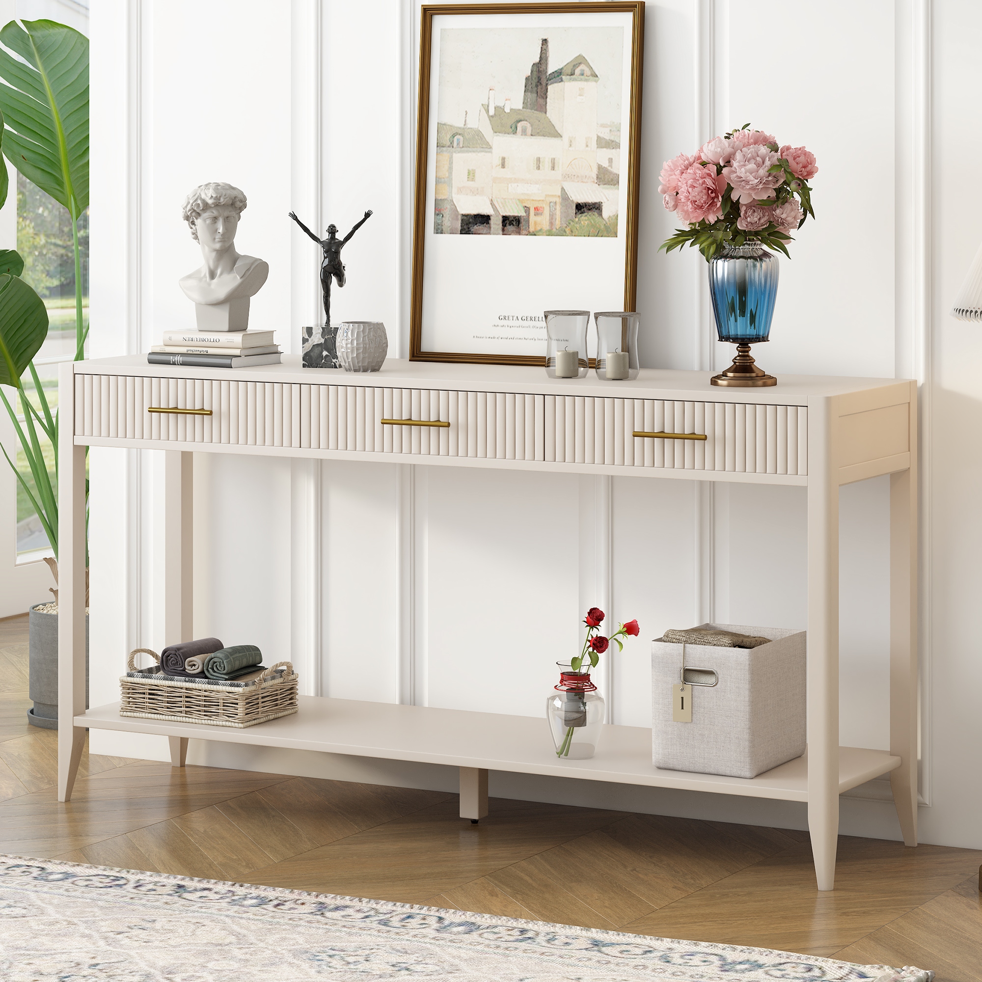60 White Console Table w 3 Drawers Narrow Wood Accent Sofa Table Entryway Table with Storage Shelf for Hallway Living Room Bed Bath Beyond 42001206