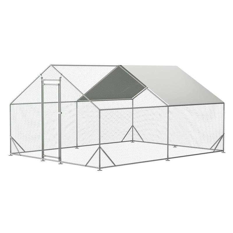 Large Metal Chicken Coop, Walk-in Chicken Run, Chicken Hen Pen Cage - Silver