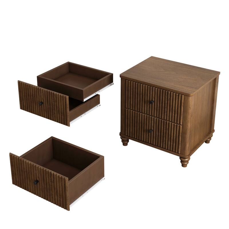 Modern Fluted Nightstand with 2 Large Drawers & 1 Hidden Drawer, Wood Bedside Tables for Bedroom, Retro Simple Style End Table