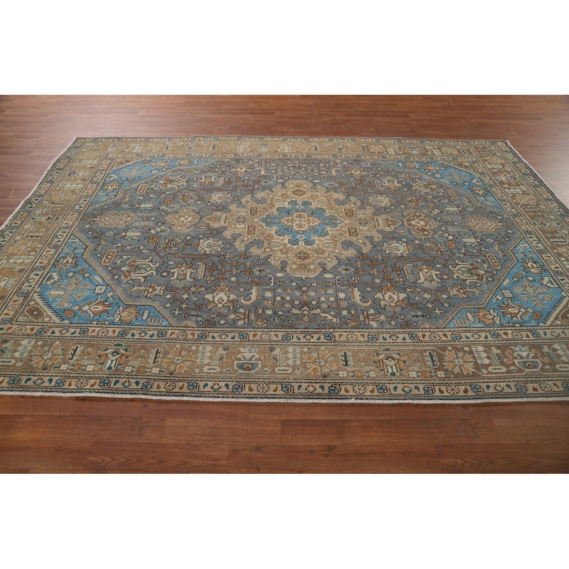Blue Geometric Tabriz Vintage Persian Rug Hand-Knotted Wool Carpet - 6'5" x 9'4"