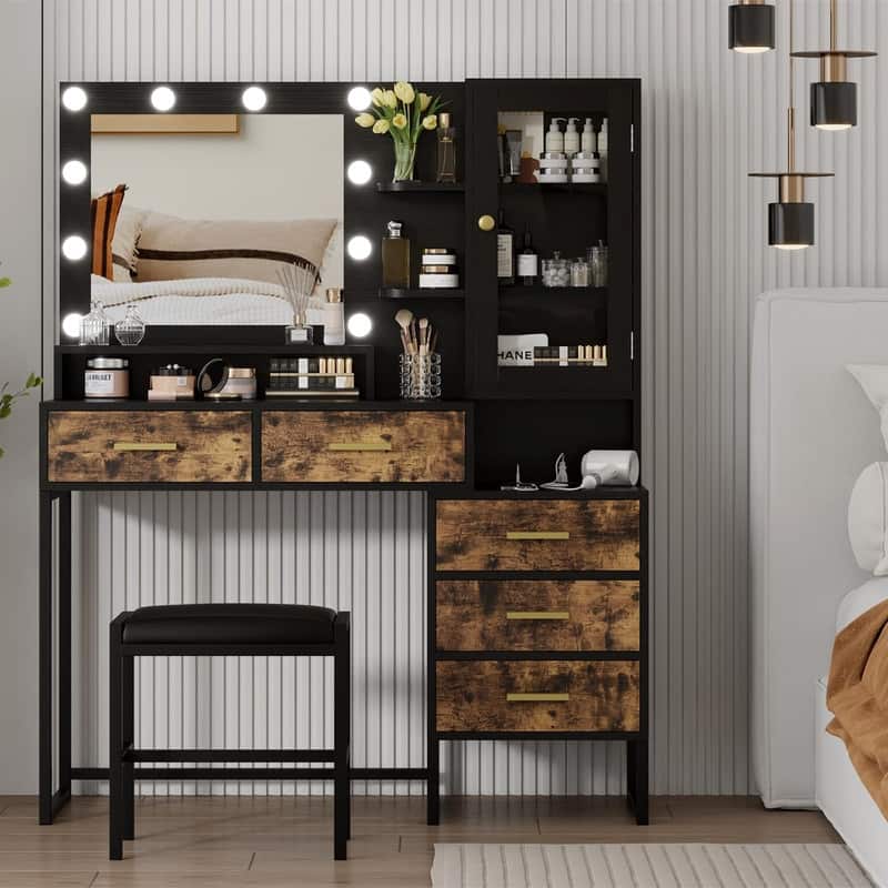 Vanity Desk with Mirror & LED Lights, Charging Station, 5 Drawers, Shelves & Stool