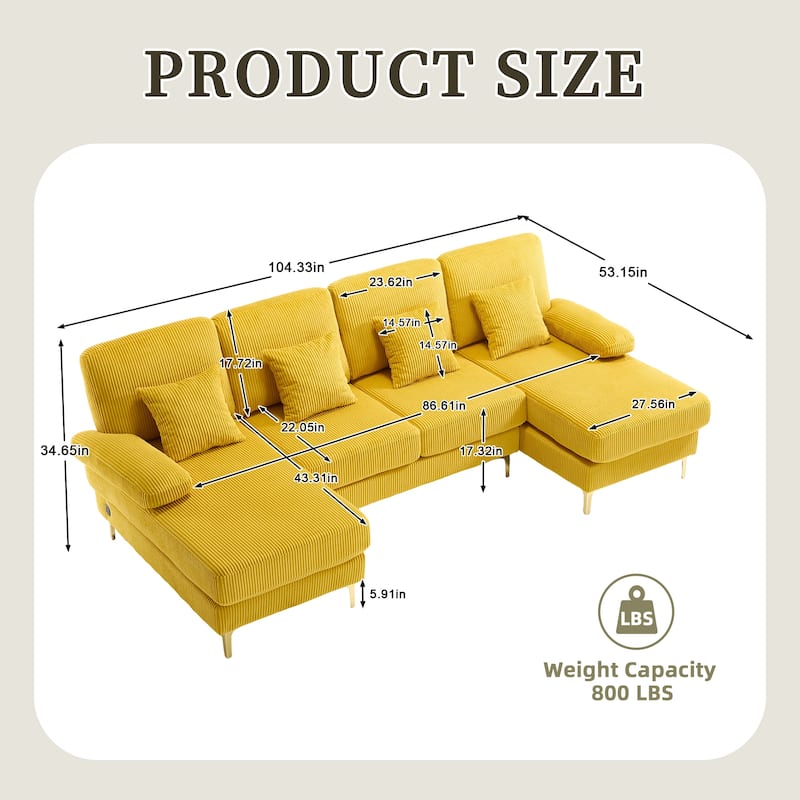 HOMEFUN Corduroy Upholstered U-shaped Adjustable Light Modular Sectional Sofa With Type-C and USB ports