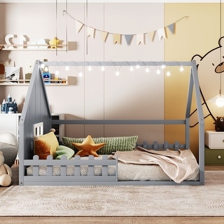 Wood Full Size House Floor Bed with Window,Fence and LED Lights