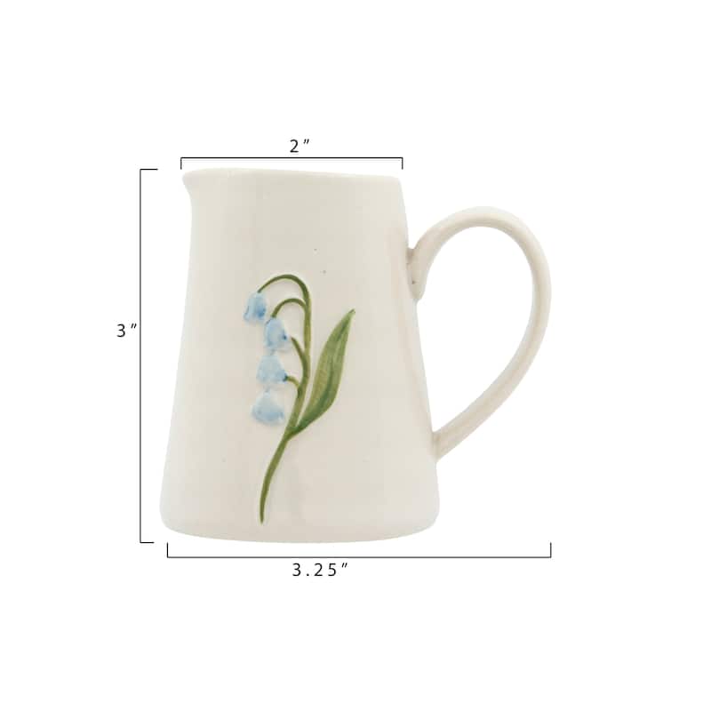 White Stoneware Creamer with Hand-Painted & Embossed Birds (Set of 6 Designs)