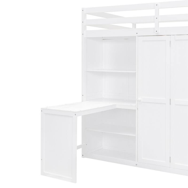 Full Size Loft Bed with Wardrobe, Bulit-in Desk and Storage Staircase, Kids Loft Bedframe with Storage Shelves and Guardrail