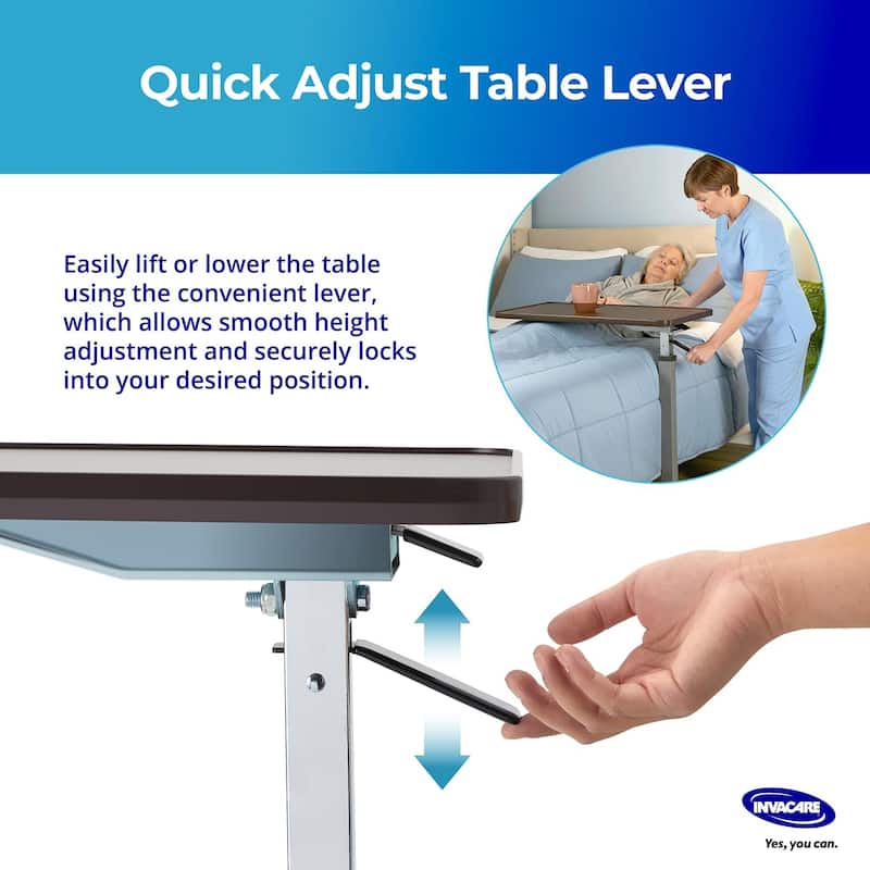 Invacare Adjustable Medical Bedside Table - Waterproof Rolling Hospital Tray Table with L-Shaped Base