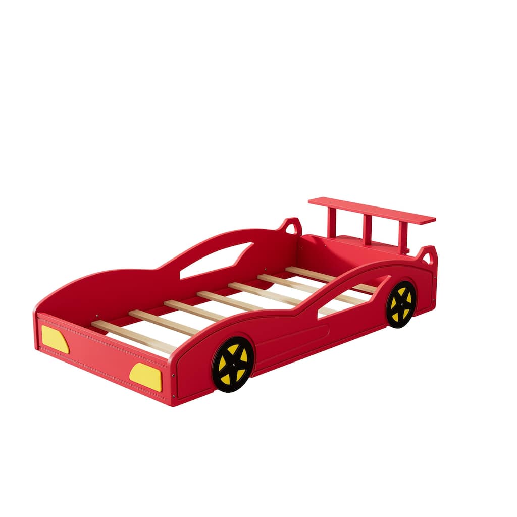 Wooden Race Car Bed Car-Shaped Platform Twin Bed with Wheels For Teens