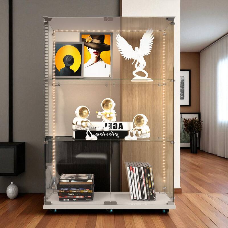 49.7" Tempered Glass Display Cabinet with Door Lock, Bluetooth LED Light Strip, Wine & Storage Cabinet with Casters