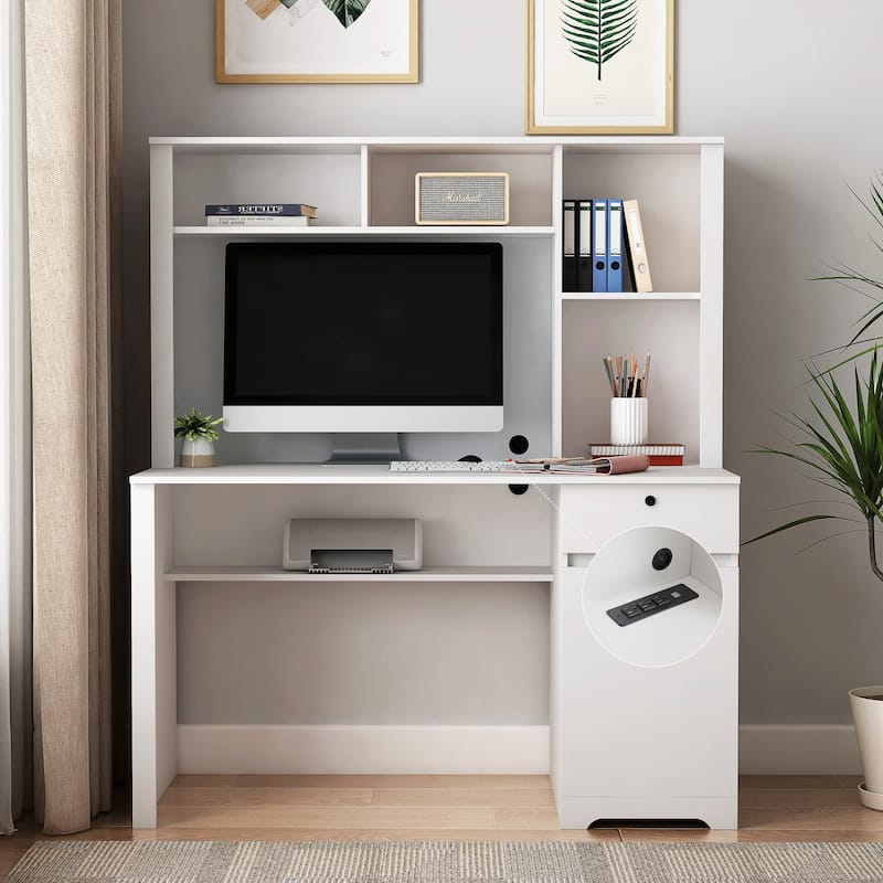 Wood Executive Desk Teens Student Desk Writing Laptop Home Office Desk, 3 AC Outlets and 2 USB Charging Ports