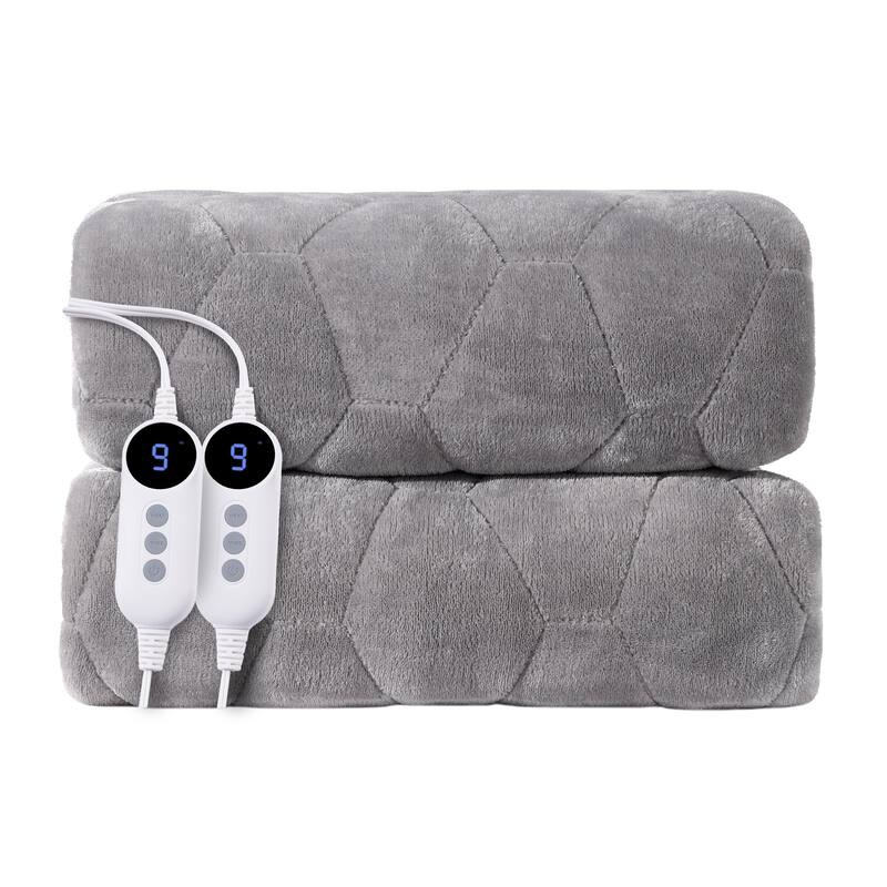 Flannel Electric Mattress Pad, Dual Control and Temperature Regulating - Light Grey/Dual Control/King - King