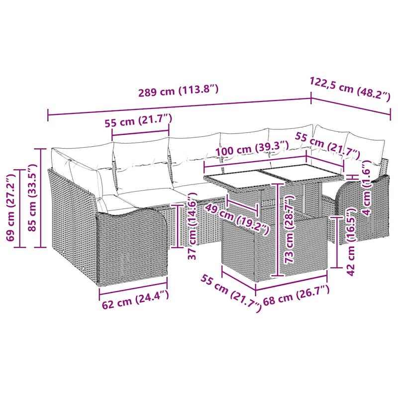 vidaXL 8/9 Garden Sofa Set with Cushions Black/Brown/Grey Poly Rattan - 113.8 x 48.2 x 27.2