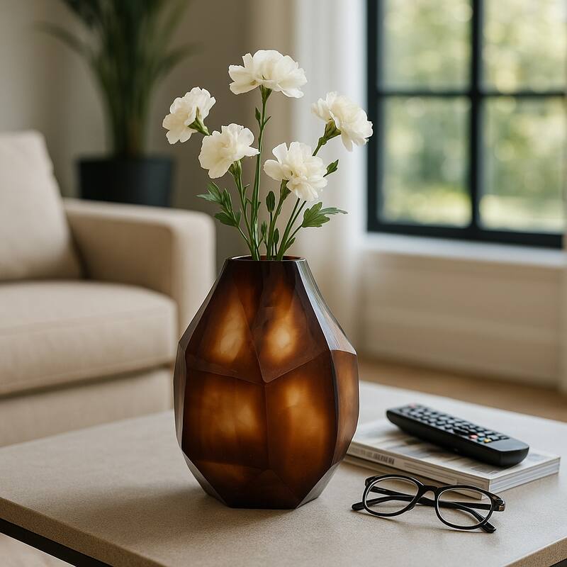 Glass Small Geometric Faceted Design Vase - Brown