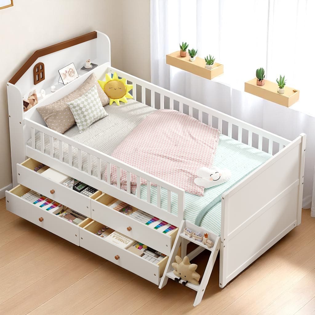 Wooden Twin Platform Bed for Kids with Storage Drawers, Headboard with Shelf & Safety Rail, Easy Assembly