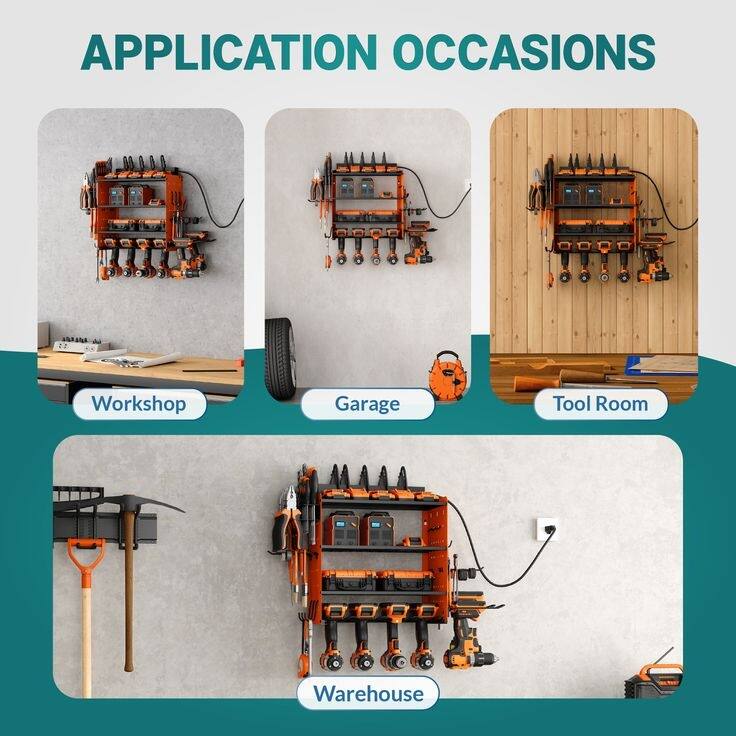 Sttoraboks Modular Power Tool Organizer, Wall Mount Garage 4 Drill Shelf Rack with hooks, 8 Outlet Power Strip