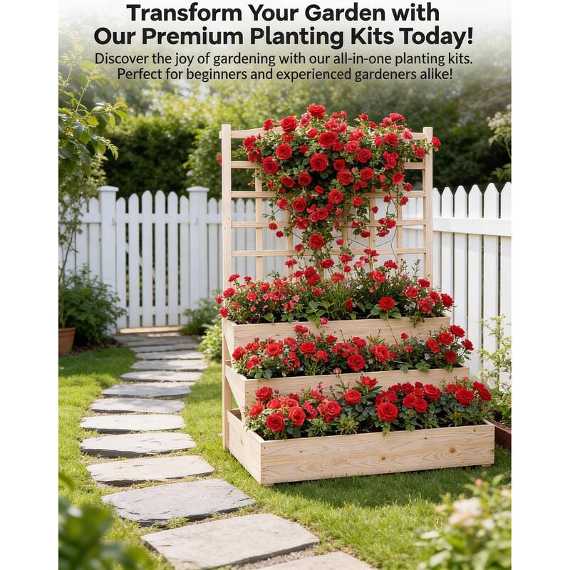 3-Tier Wooden Raised Garden Bed, with Trellis