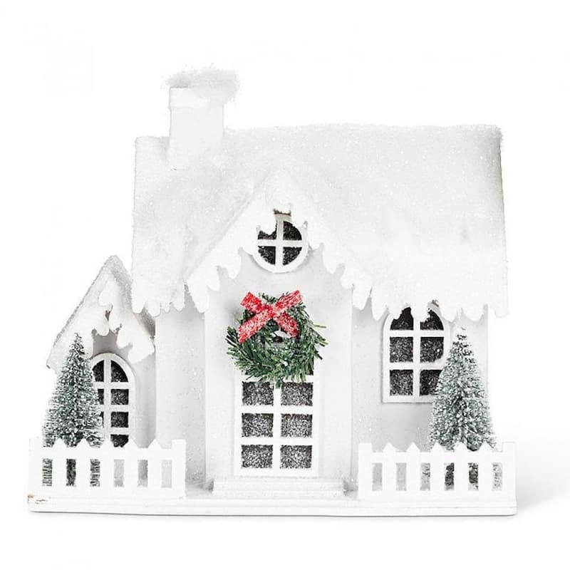 Snowy House With Led Lights Decoration - Wood